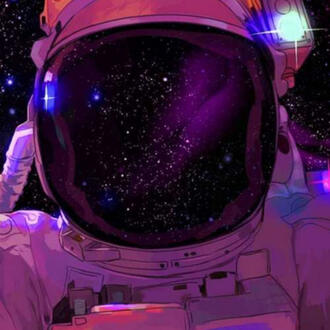 A closeup of an astronaut in their space suit, the face isn't visible, instead the screen reflect the stars.